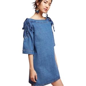 Anthropologie Maeve Denim Shift Dress Lace Up Sleeve, size S